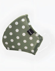 Olive green fabric face mask with white polka dots clear elastic ear loops barcode berlin unisex major general michelinho