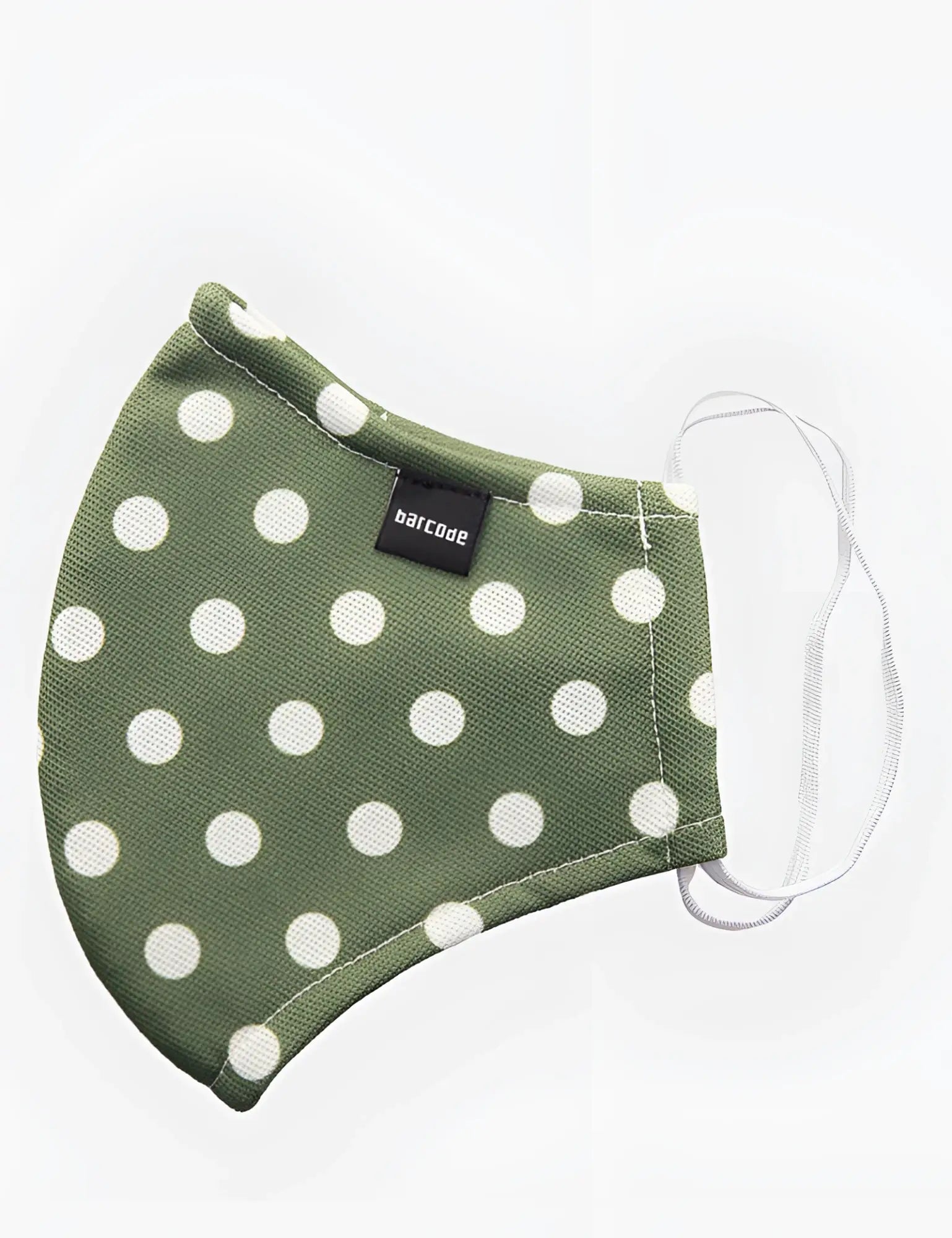 Olive green fabric face mask with white polka dots and black barcode brand tag by Barcode Berlin unisex size one size