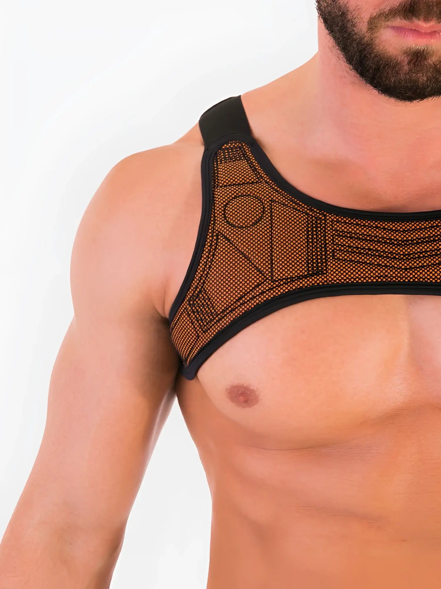 Black and orange mesh sports bra with geometric pattern barcode berlin mario harness size l shown from the back side