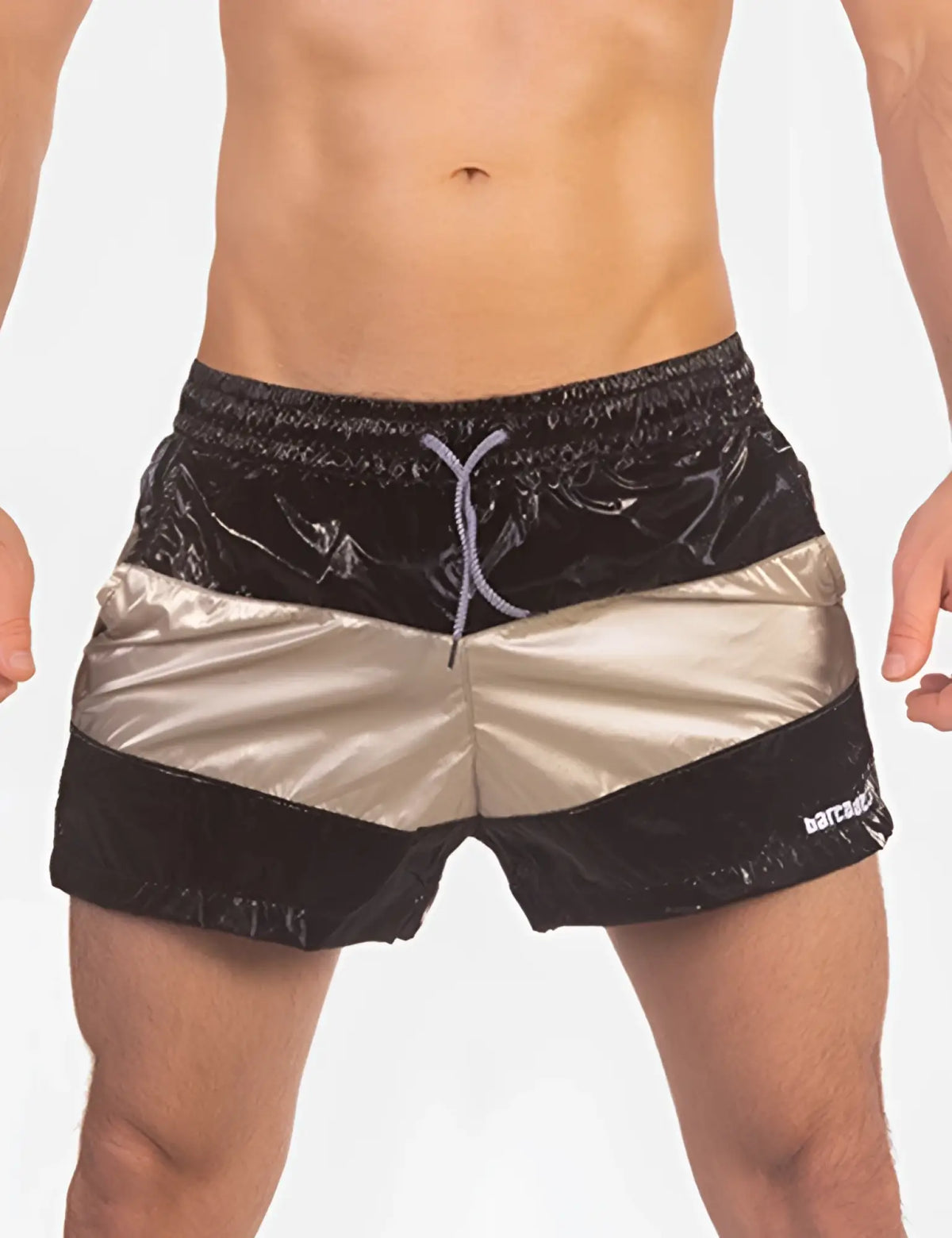 Barcode Berlin Patrick paneled shorts black and gold striped shiny reflective swim trunks size L front view