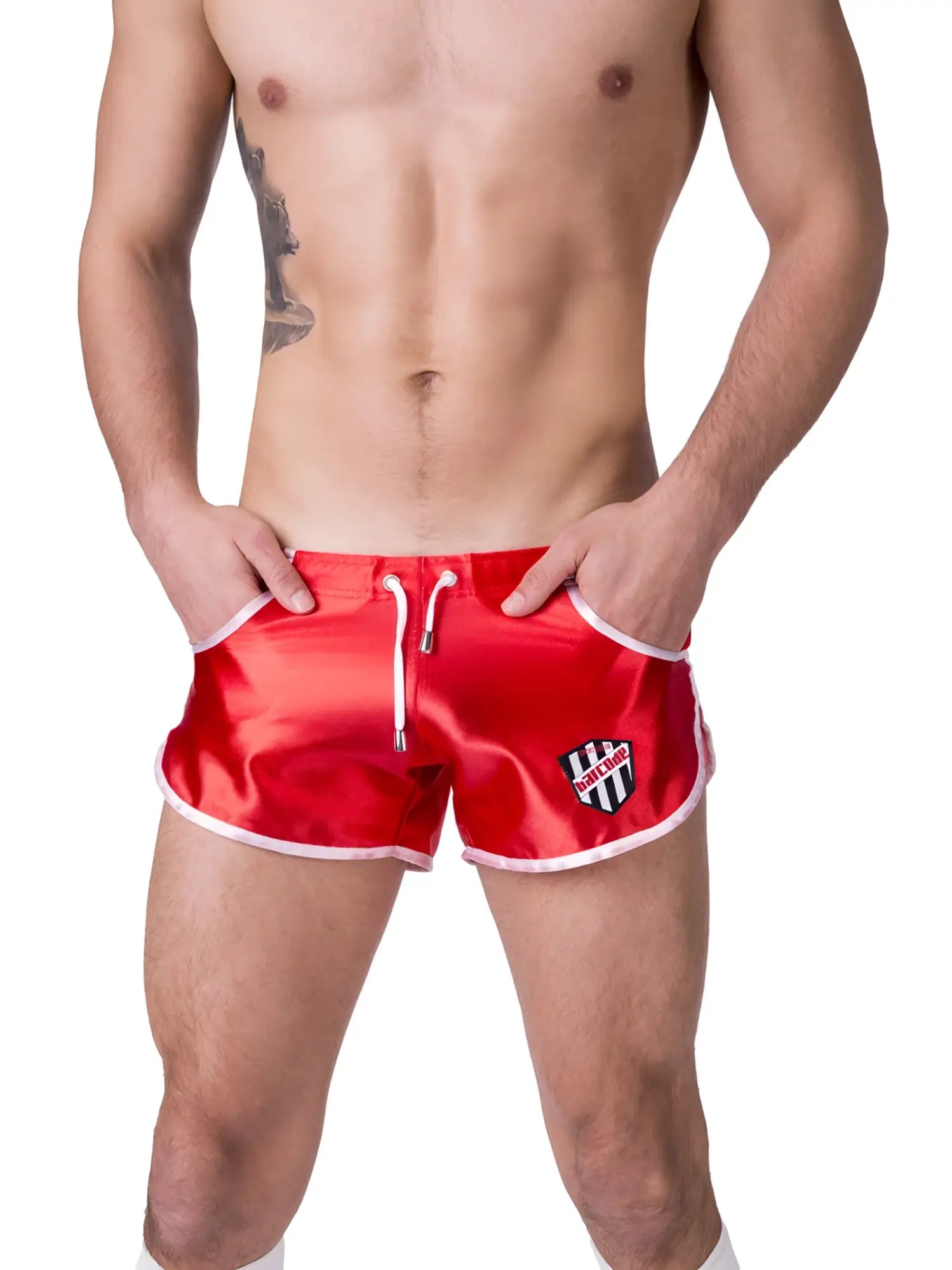 Red satin Barcode Berlin shiny Dean swim trunks in red with white trim and black and white shield logo size XL