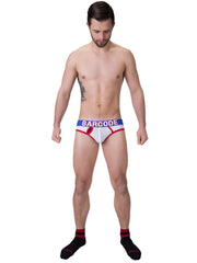 White mesh briefs with blue waistband barcode branding and red trim barcode berlin twenty 9 mesh brief underwear