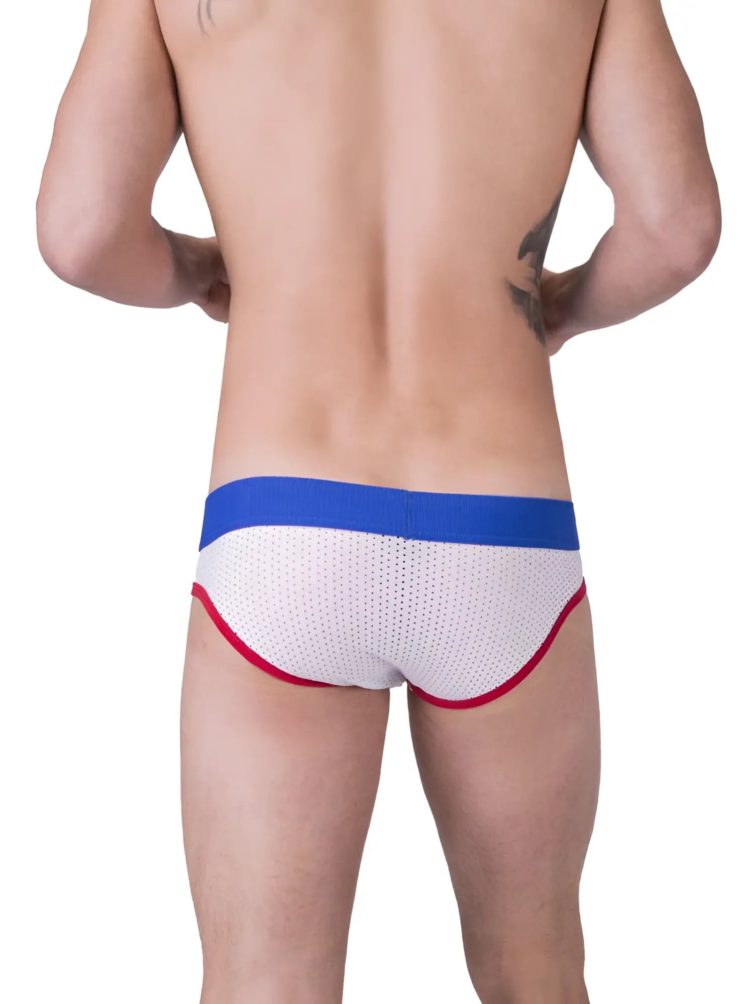 White mesh briefs with bold blue waistband and red trim barcode berlin twenty 9 mesh brief underwear size m