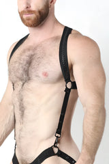Black leather bare mesh 2.0 mesh harness with adjustable straps and metal hardware front view