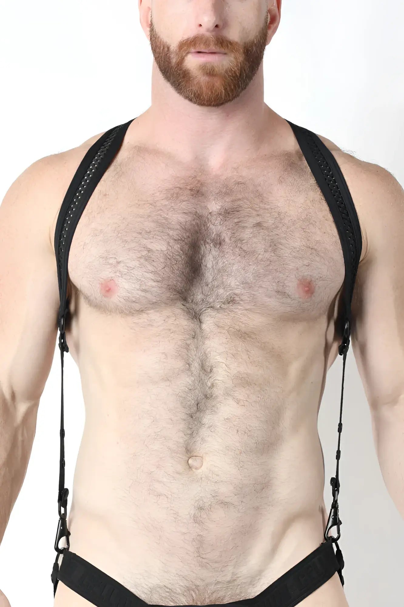 Bare mesh 2.0 mesh harness black mesh and leather suspenders with adjustable straps shown from the back