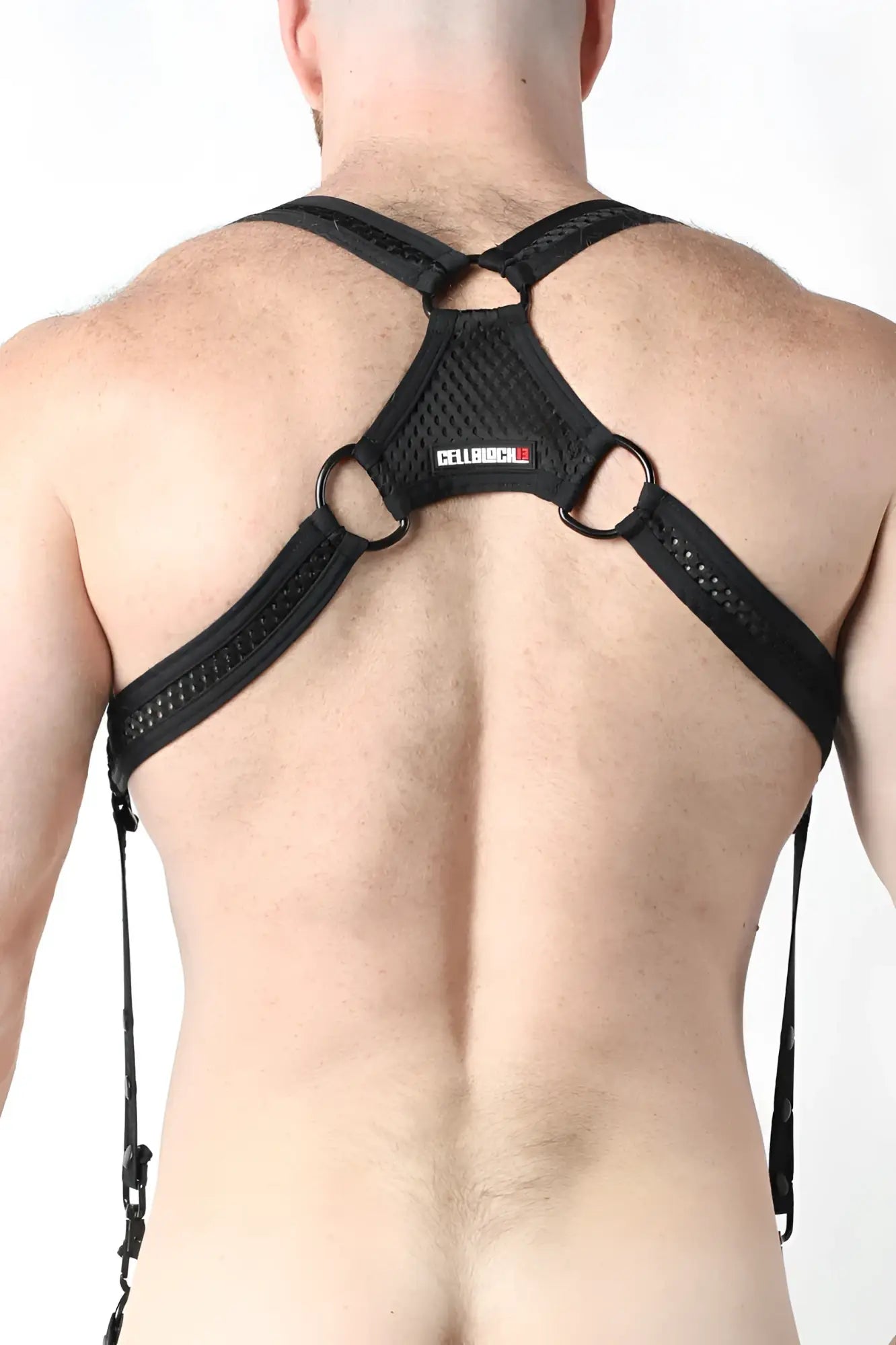 Black mesh and strap harness with metal rings branded cellbioch on central panel from bare mesh 2.0 collection