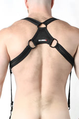 Black mesh and strap harness with metal rings branded cellbioch on central panel from bare mesh 2.0 collection