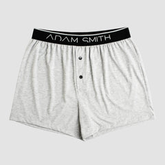 Basic boxer gray heathered cotton boxer shorts with black elastic waistband adam smith logo and two front buttons