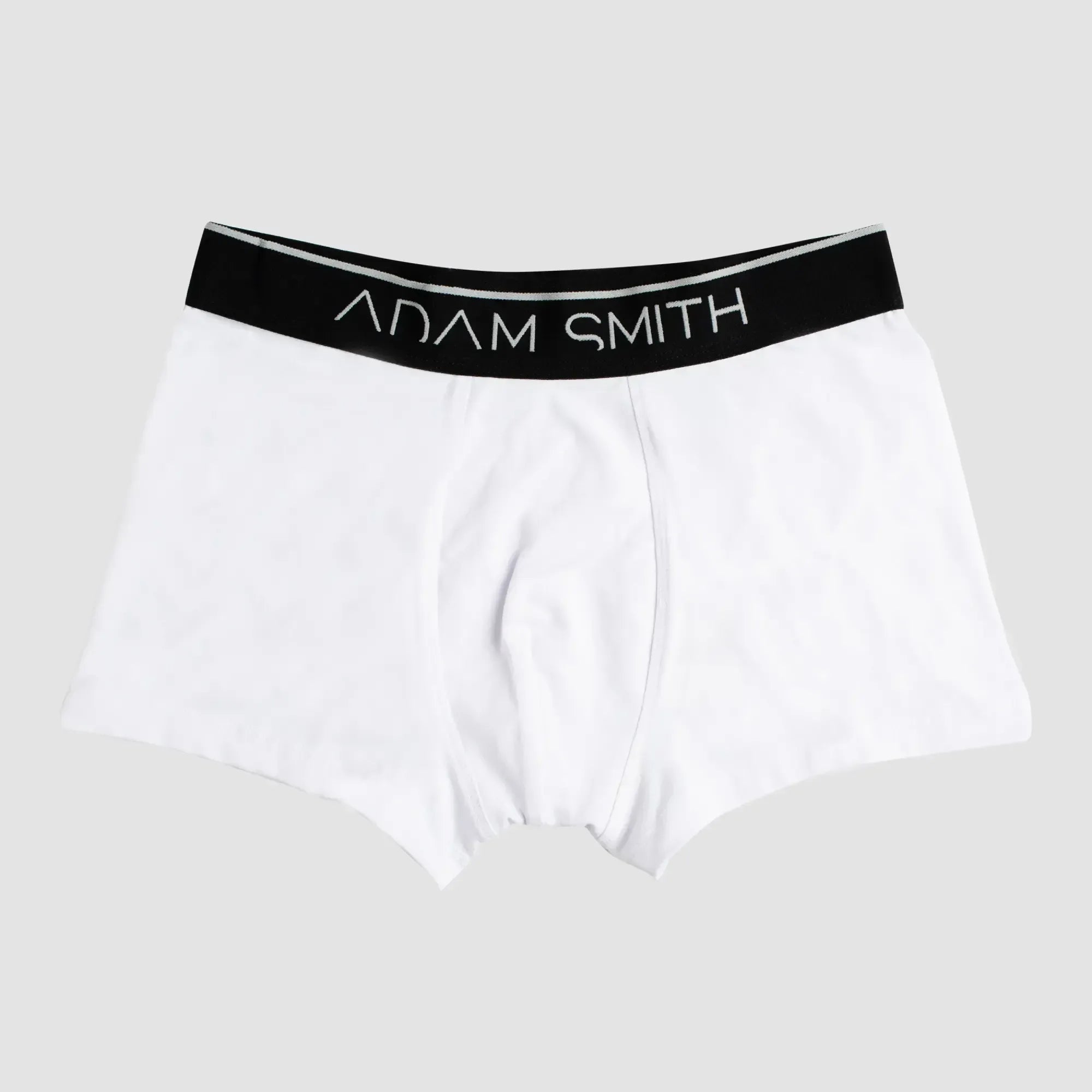 White adam smith boxer briefs with black waistband and silver lettering from basic trunks collection