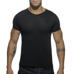 Basic v-neck t-shirt in black short-sleeved cotton with a subtle logo on the left chest for casual wear
