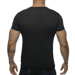 Basic v neck t shirt black short sleeved crew neck cotton blend casual wear front view