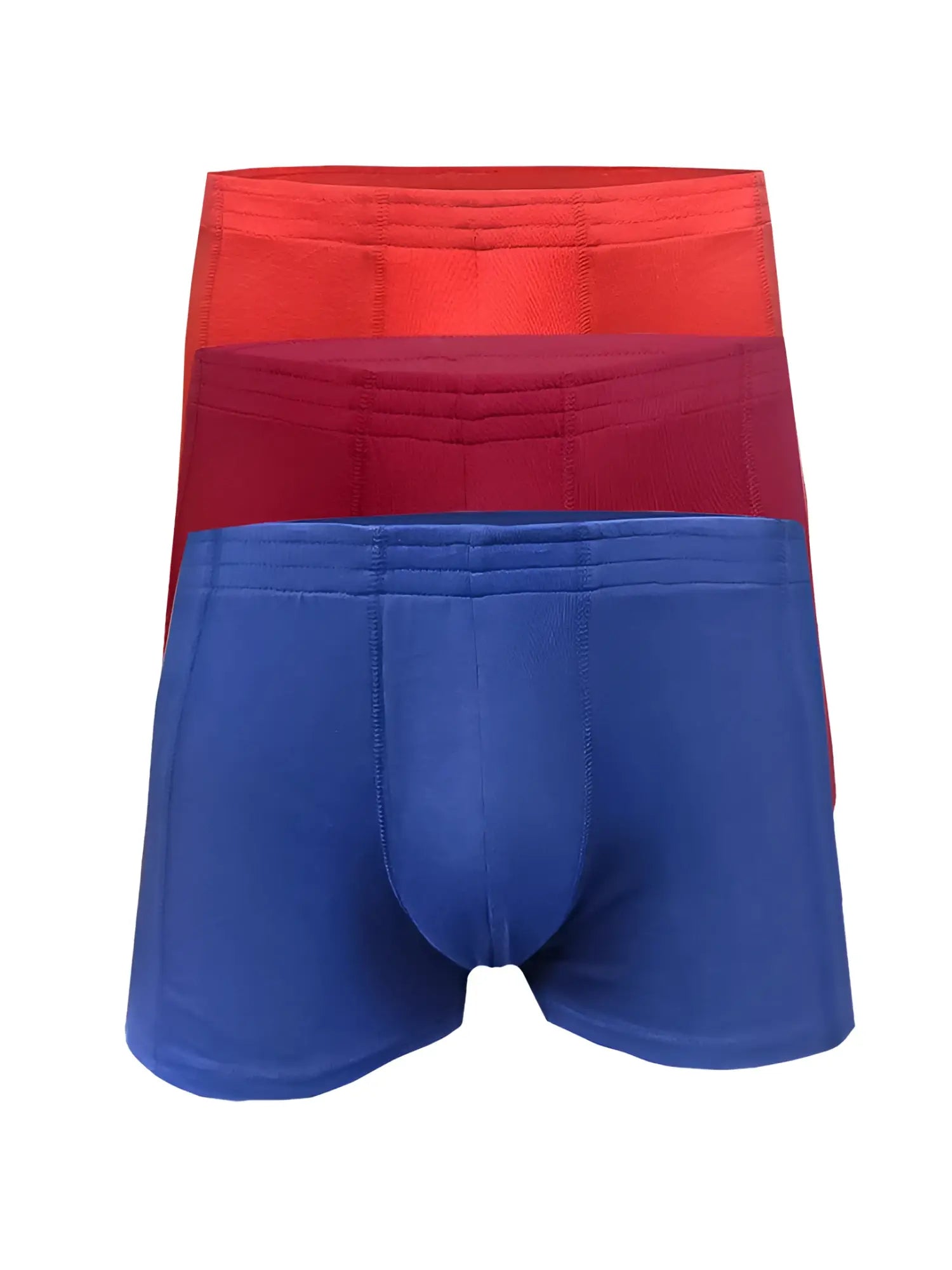 Set of three men’s boxer briefs in vibrant red maroon and royal blue basics trunk 3-pack assorted colors