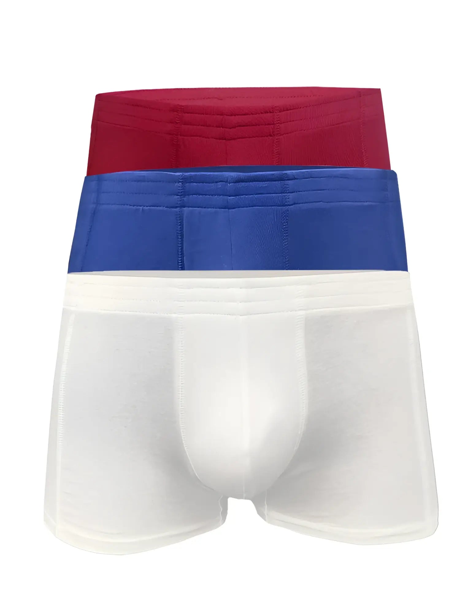 Set of three men’s cotton basics trunks in red blue and white for everyday comfort and support