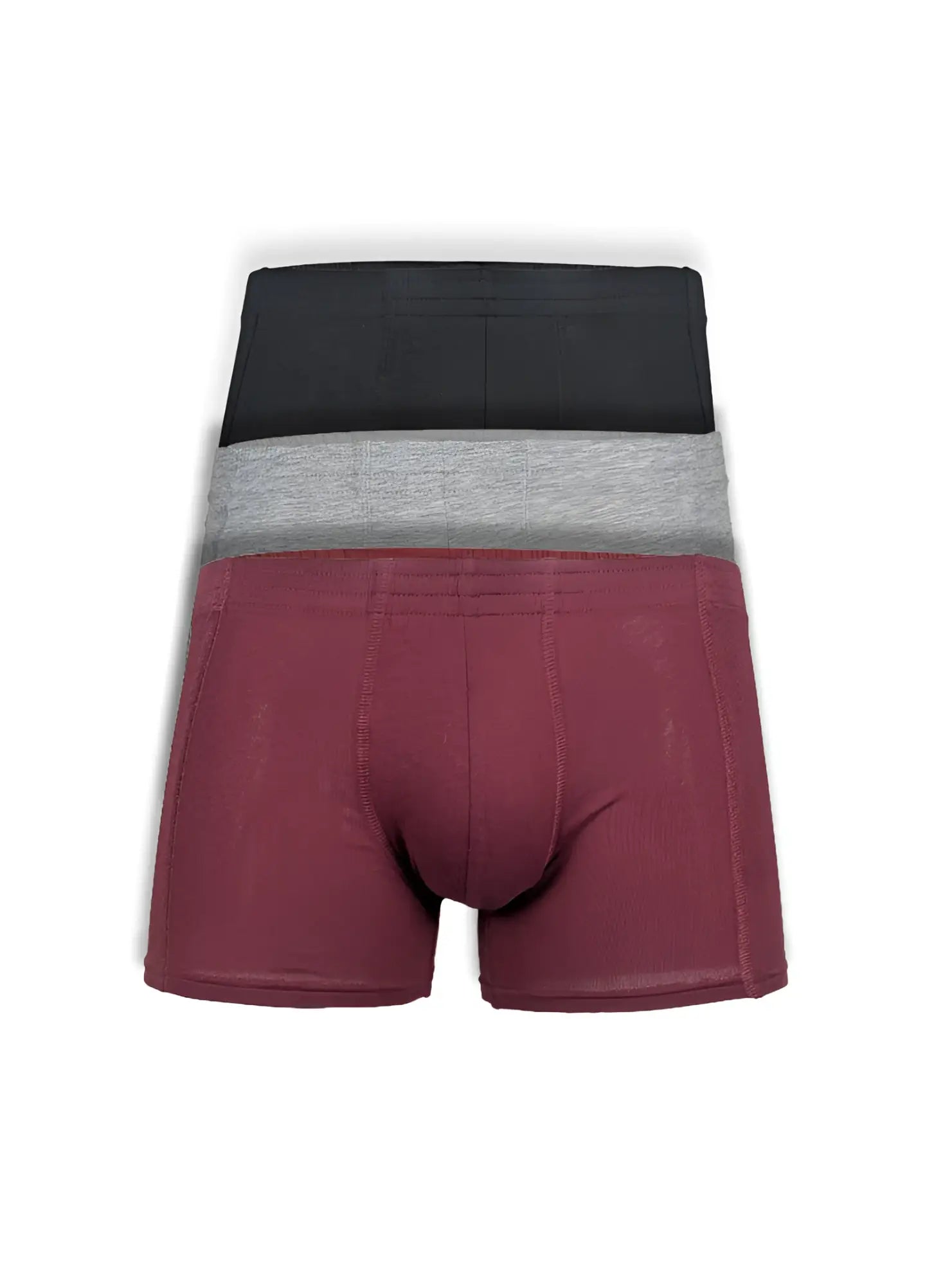 Basics trunk 3-pack men’s boxer briefs in black heather gray and maroon soft breathable fabric