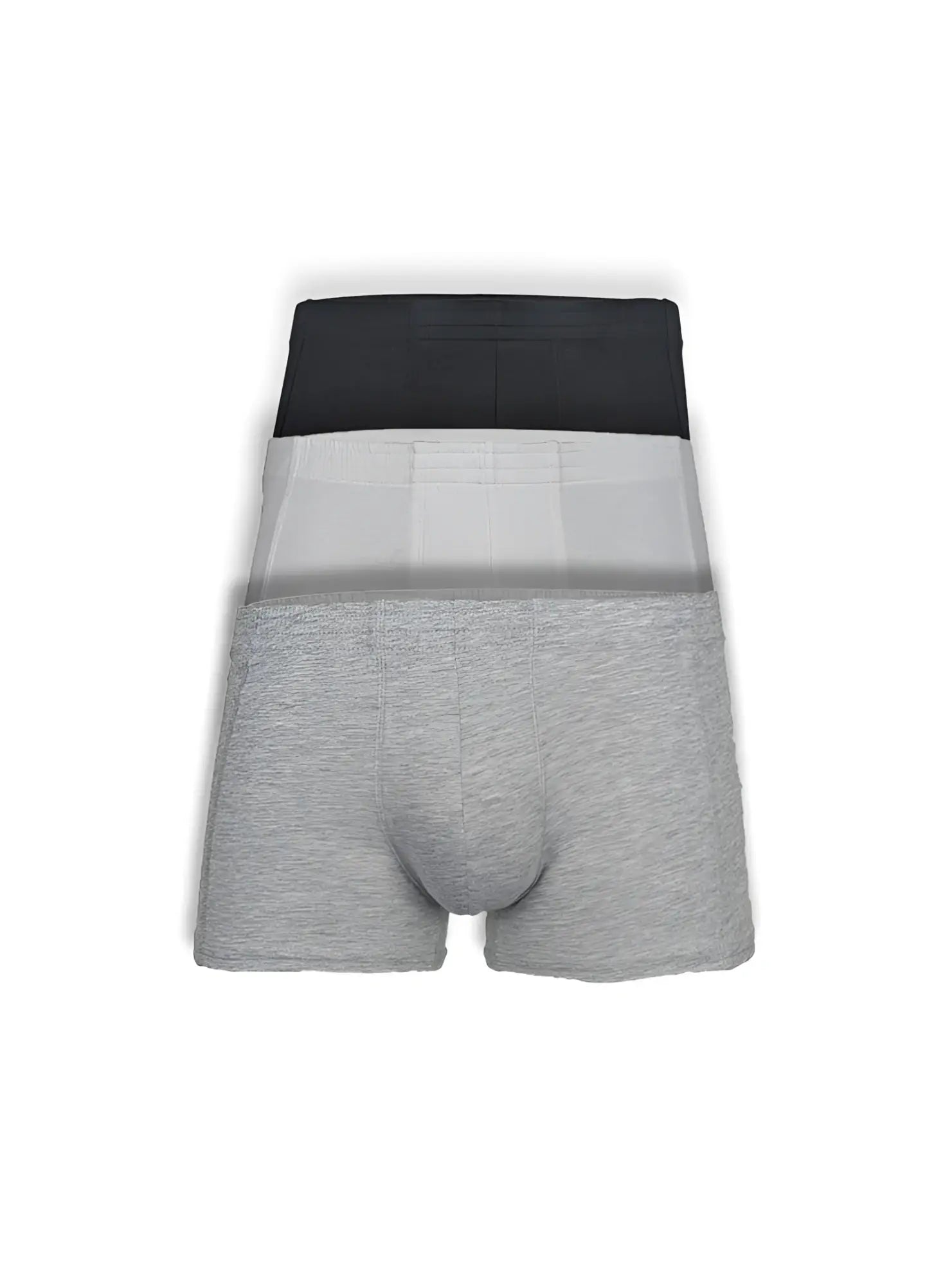 Three-pack of men’s boxer briefs in heather gray light gray and black made of soft cotton blend fabric basics trunk 3-pack