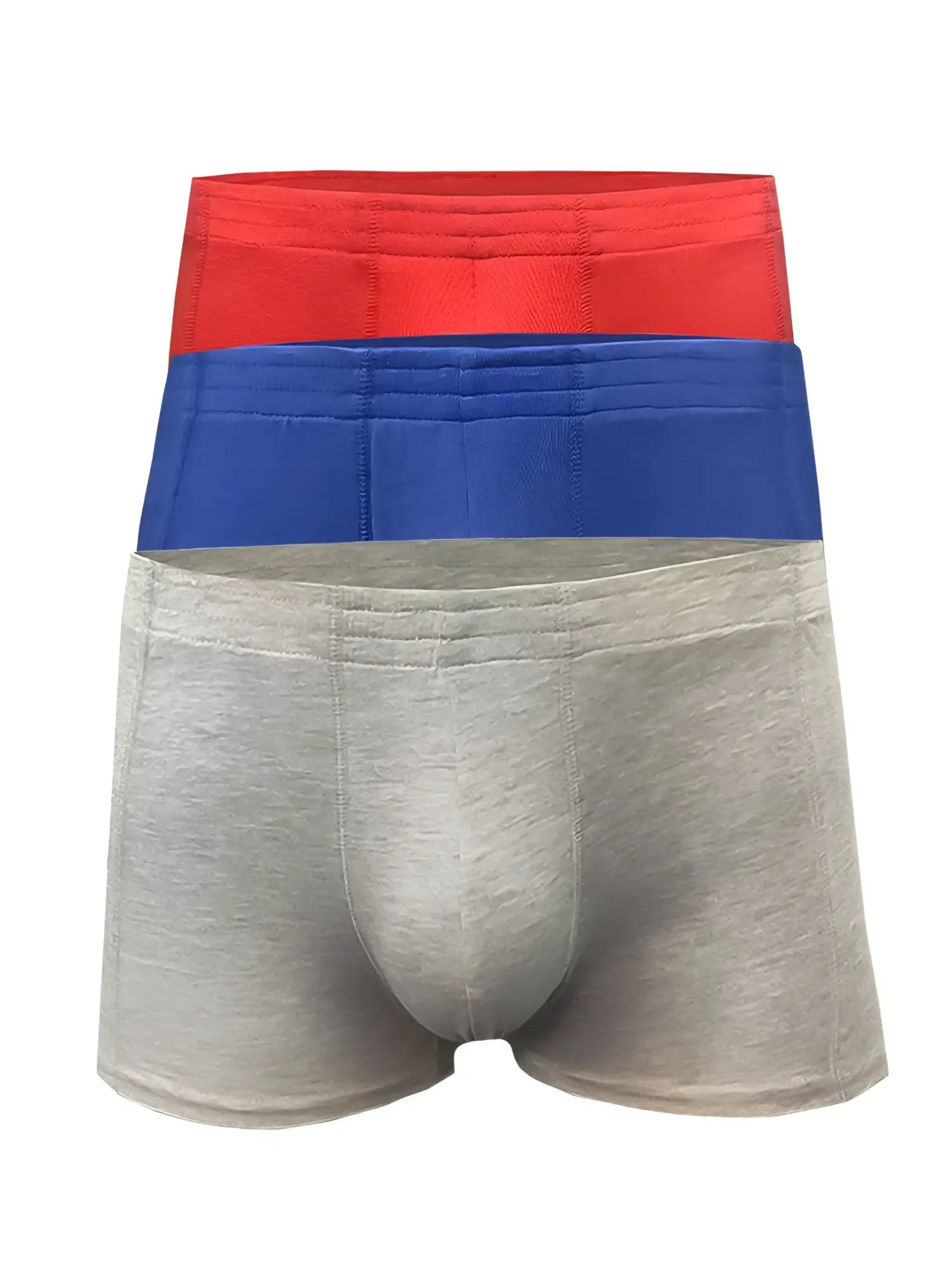 Three-pack of men’s basics trunk boxer briefs in red blue and heather gray made from soft breathable fabric