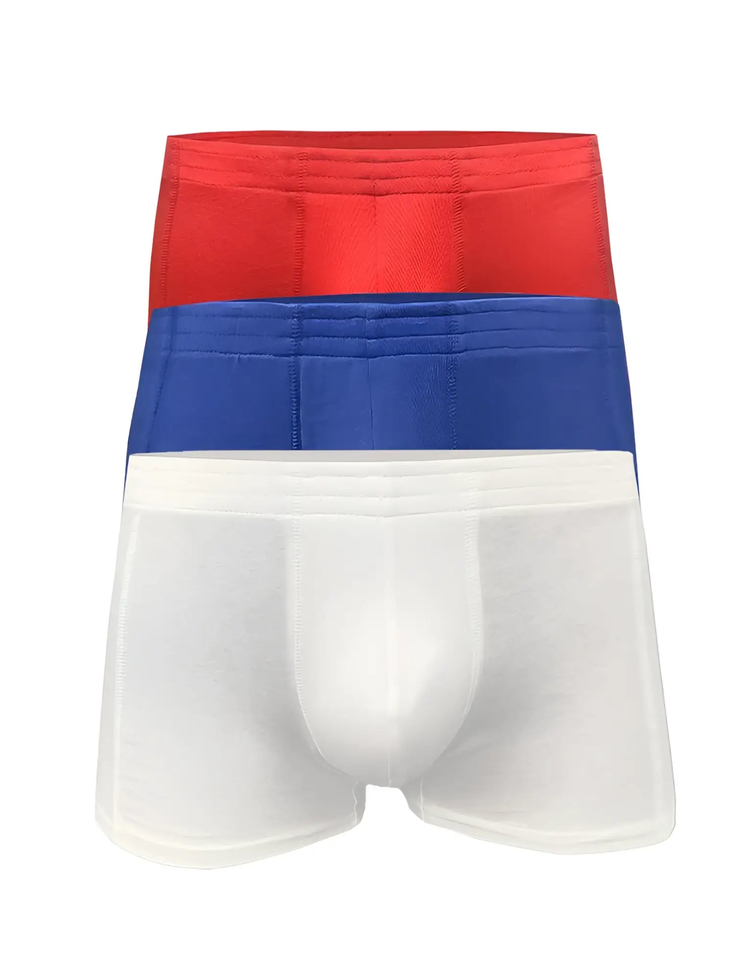 Three-pack of men’s basics trunk boxer briefs in red blue and white with smooth fabric finish