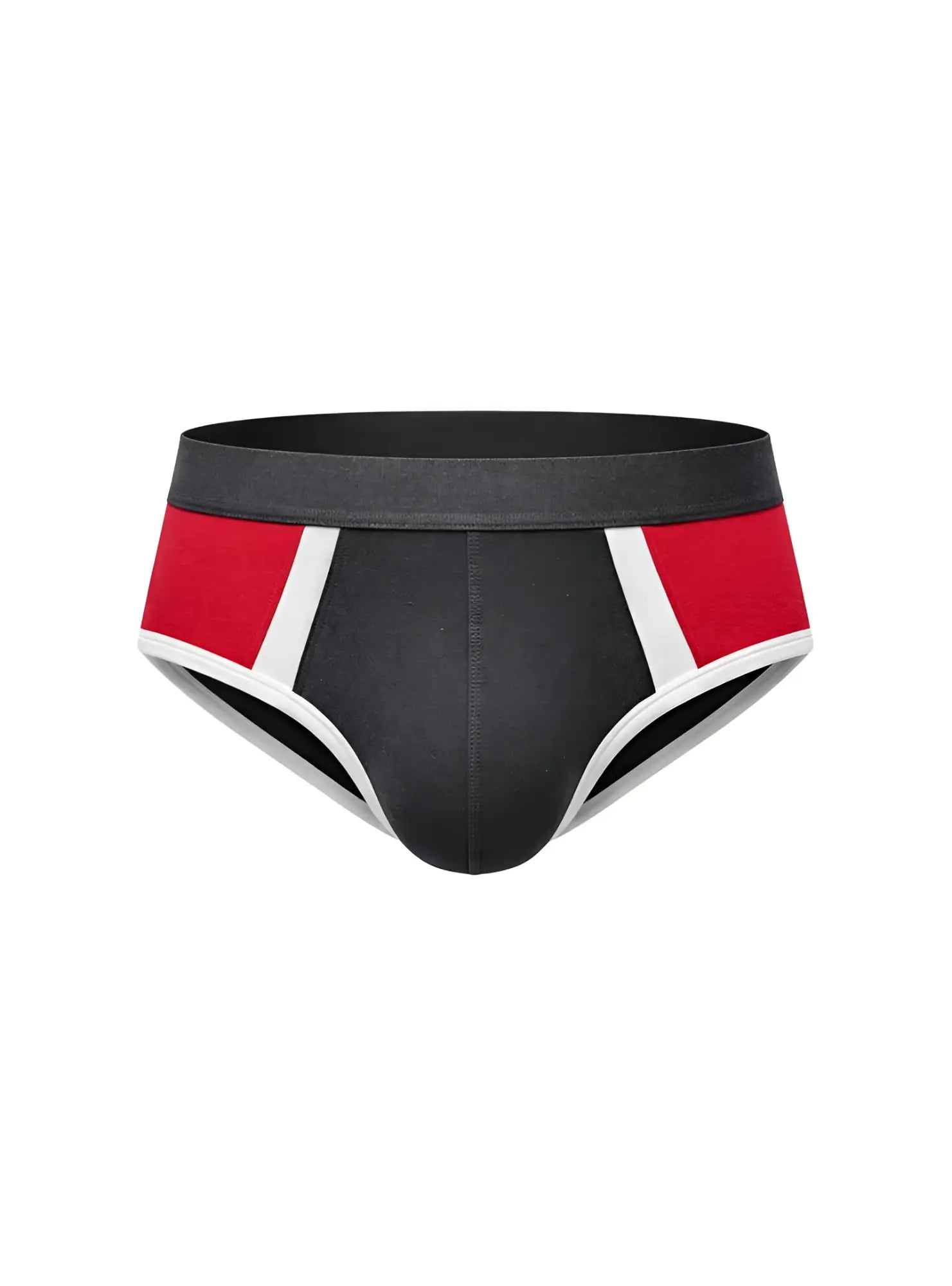 Black Basix Comfort One brief with bold red and white geometric side panels offering comfortable support