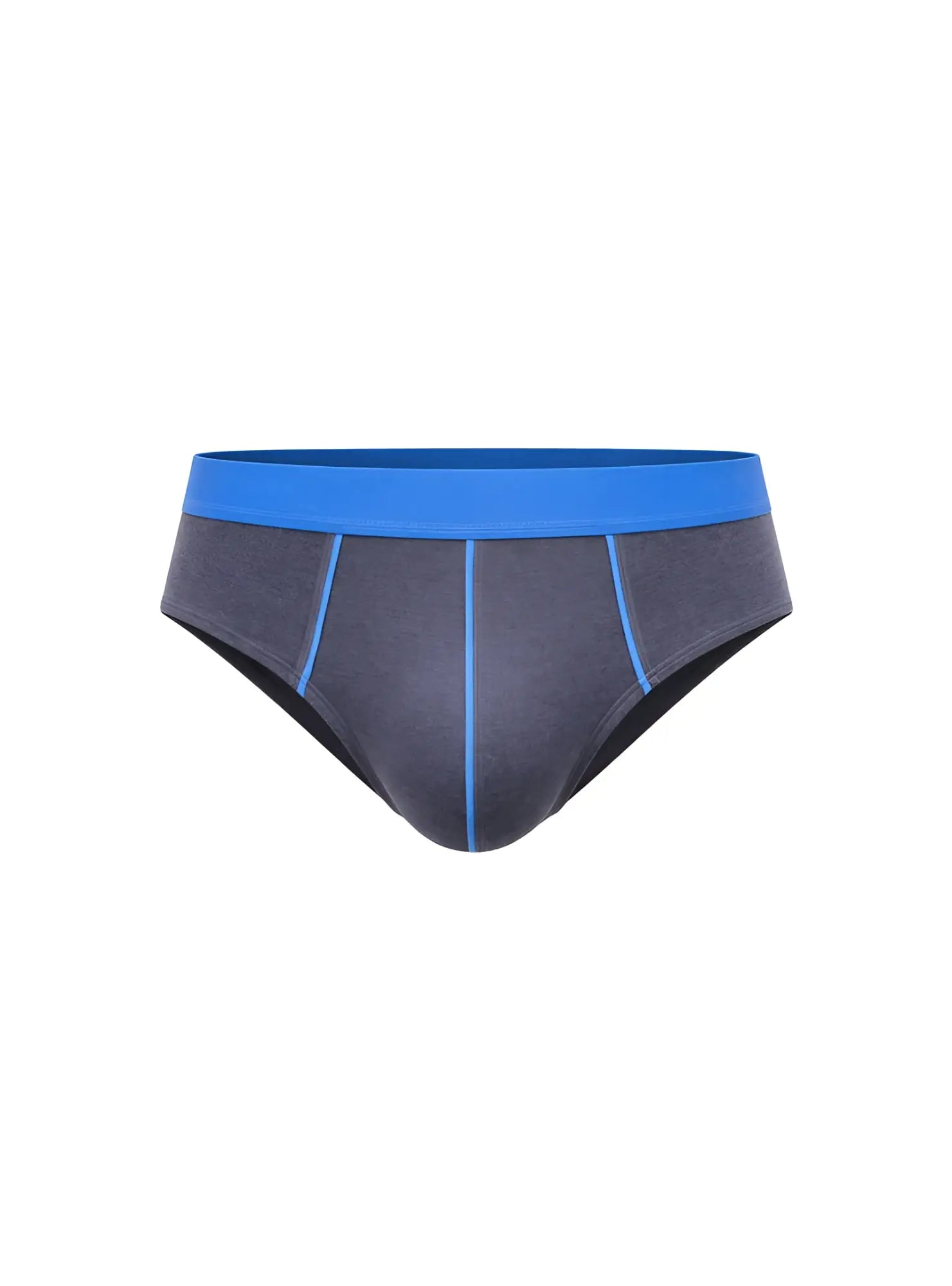 Dark gray basix comfort contrast briefs featuring a vibrant blue waistband and matching blue stitching along seams