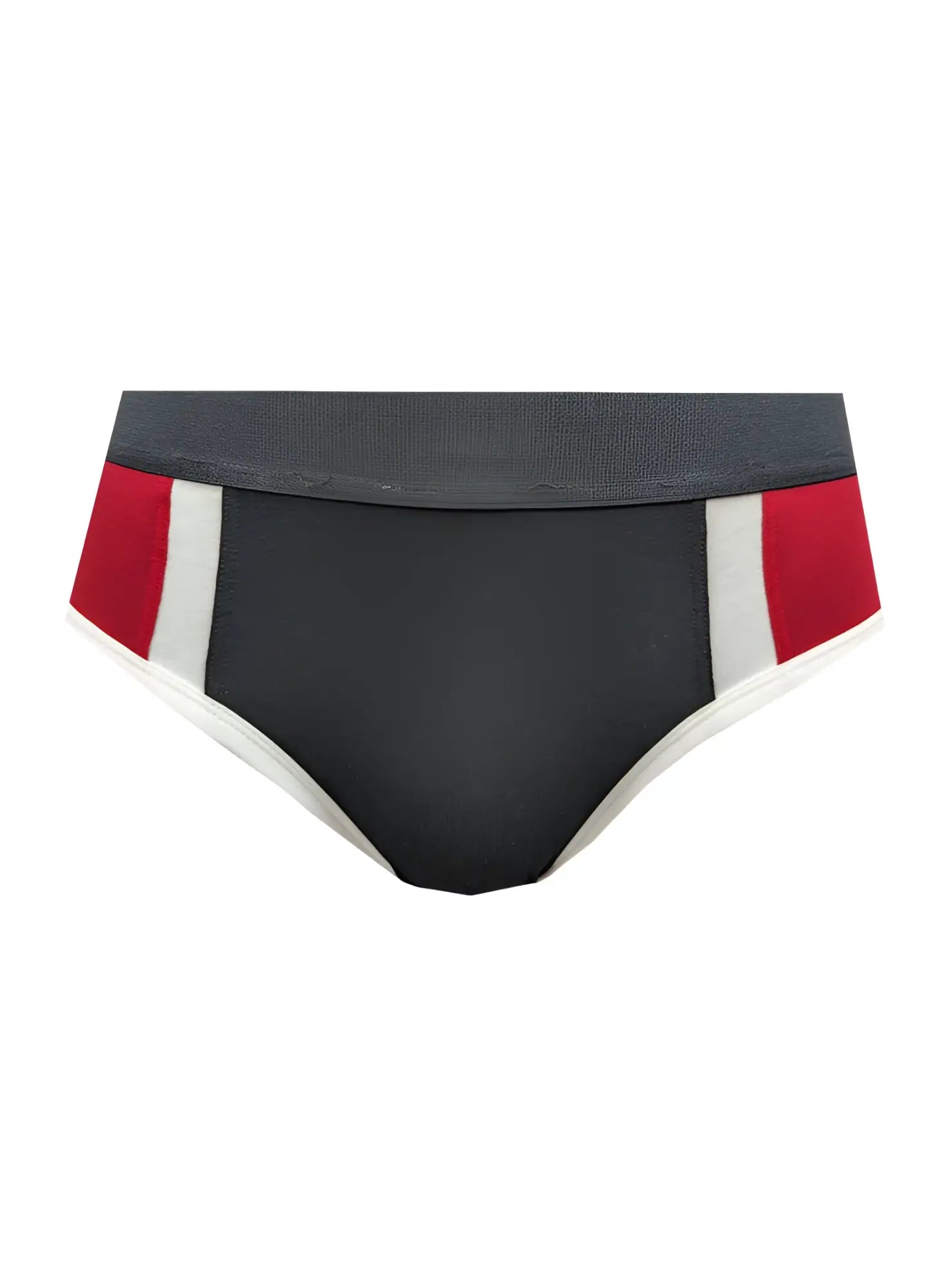 Black red and white striped briefs with textured waistband from basix comfort jock for all-day support