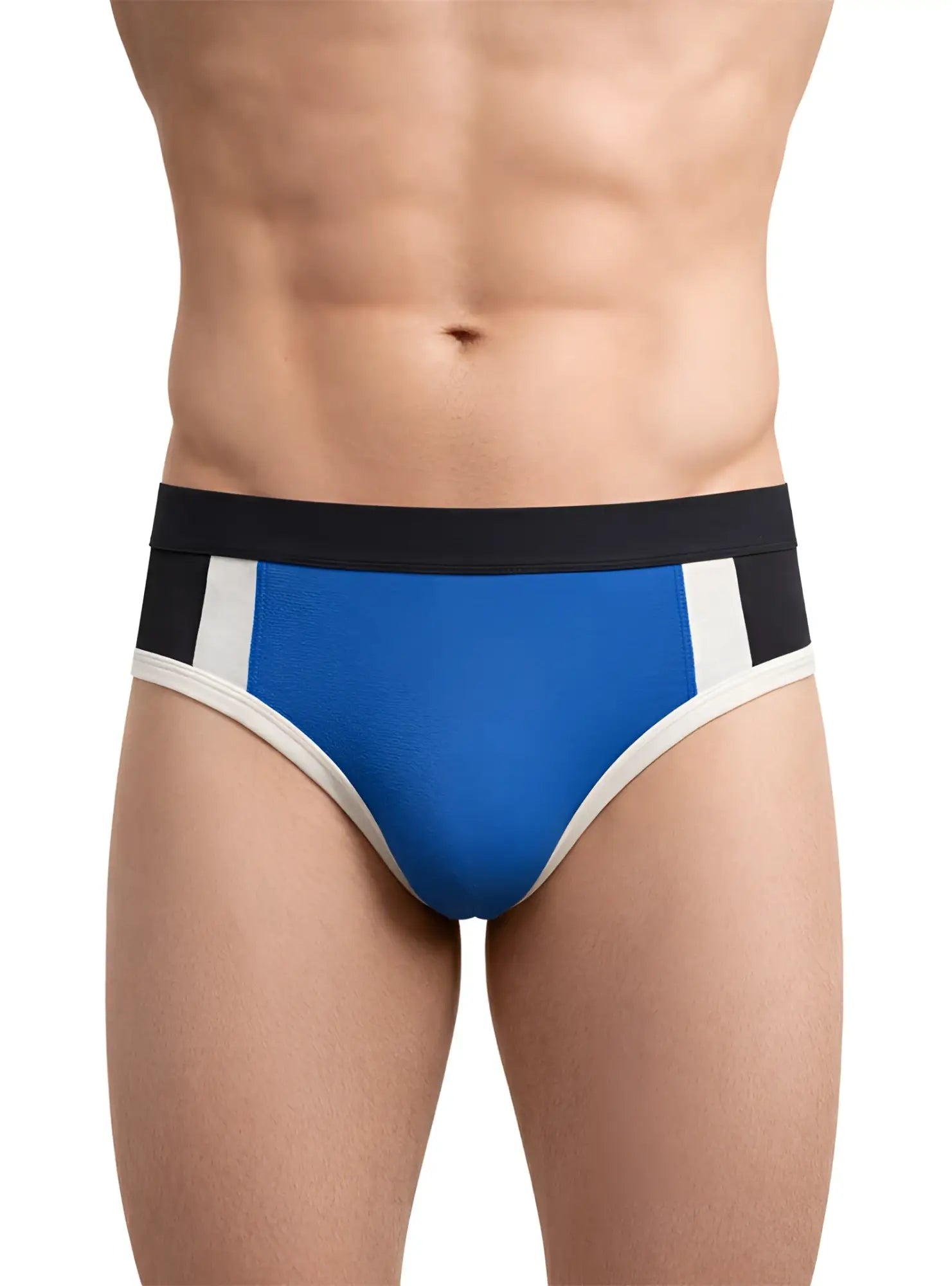 Blue and black athletic briefs with white trim basix comfort jock designed for supportive activewear use