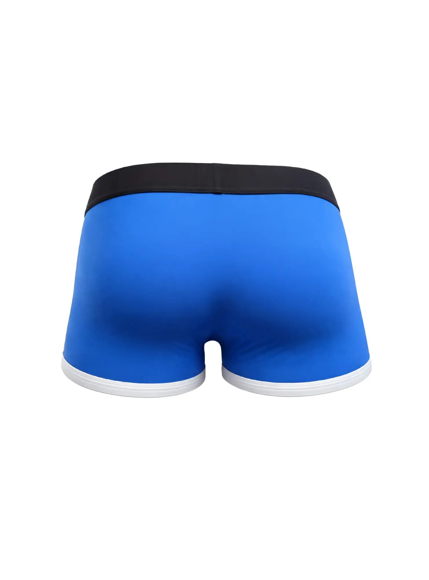 Bright blue basix comfort one trunk boxer briefs with black waistband and white trim at leg openings for everyday wear