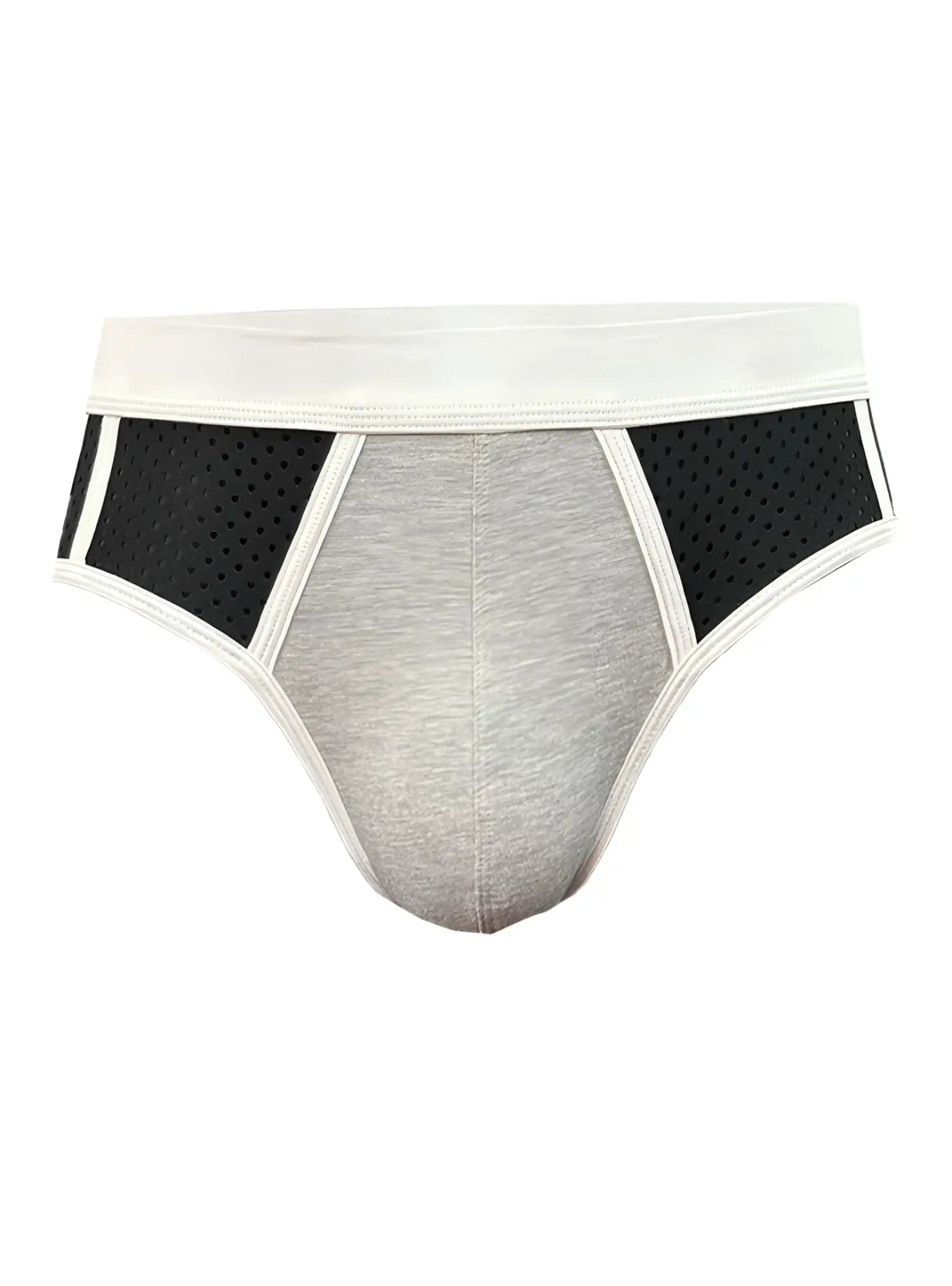 Basix sports brief in gray and black with perforated mesh sides and white trim designed for athletic use