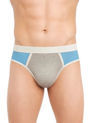 Basix sport brief in gray and light blue with perforated side panels designed for athletic performance and comfort