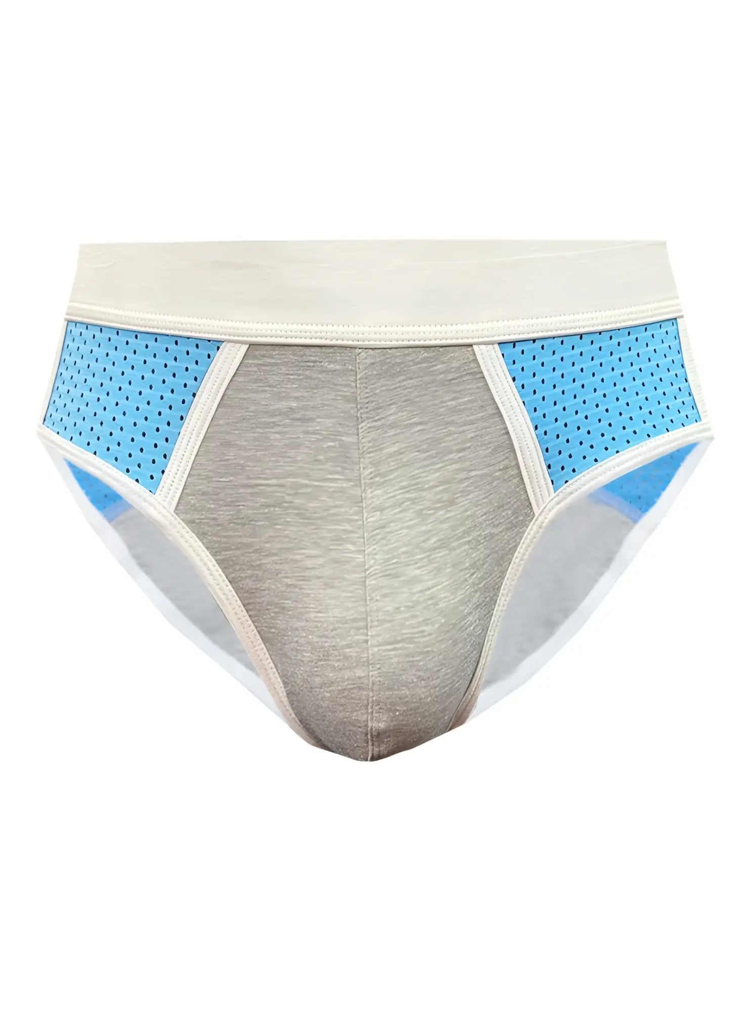 Basix Sport’s gray and light blue athletic briefs with perforated side panels for breathability and comfort