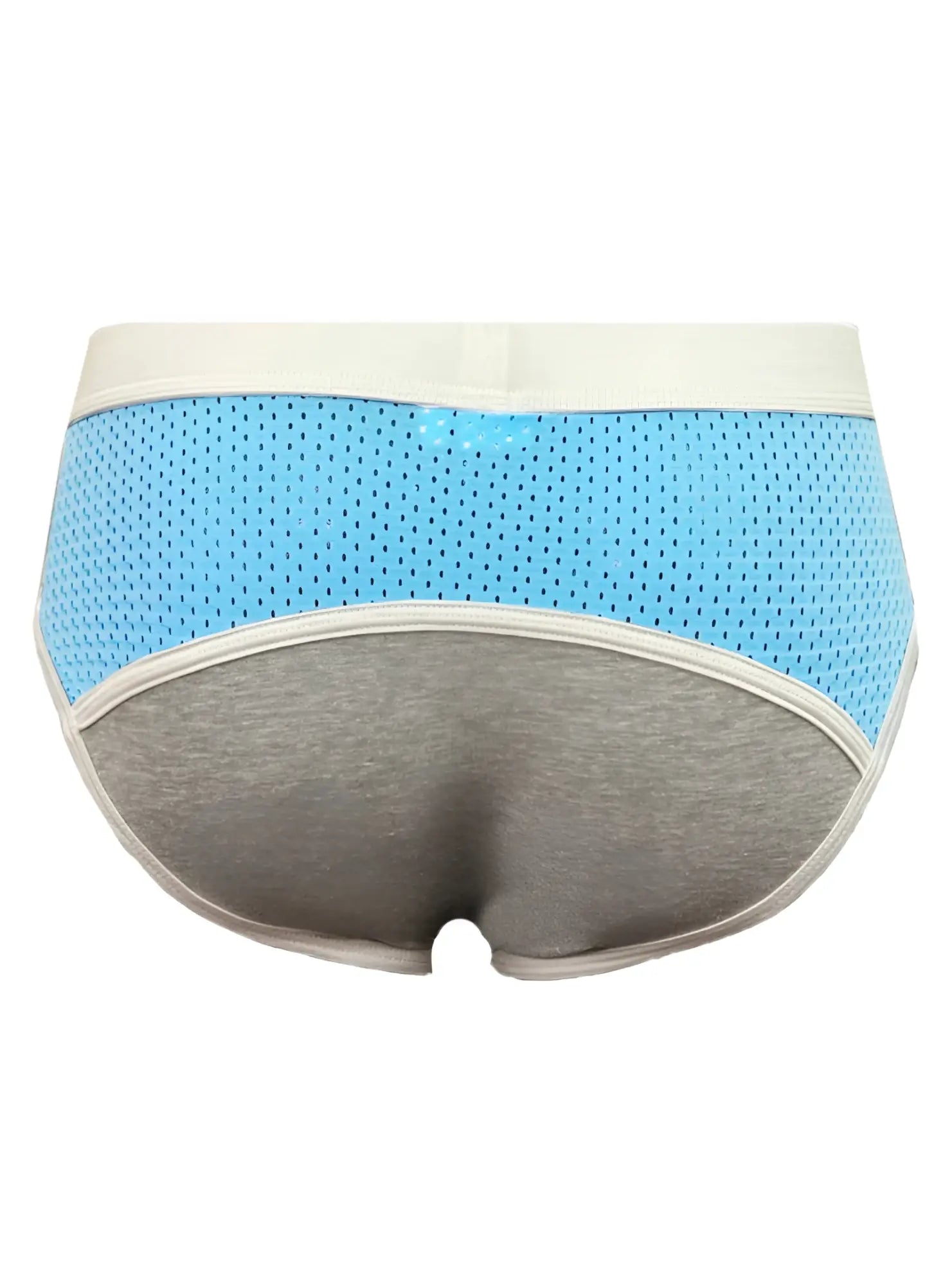 Basix Sport’s light blue and gray athletic briefs with breathable mesh front and cream elastic waistband for active use