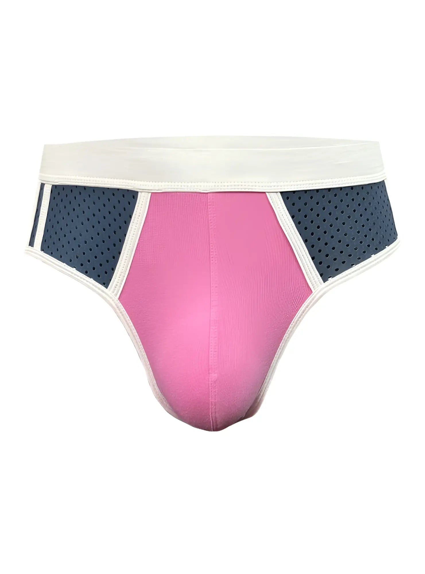 Basix Sport’s brief athletic underwear in pink and navy blue with a white elastic waistband for active wear