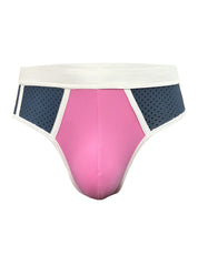 Basix Sport’s brief athletic underwear in pink and navy blue with a white elastic waistband for active wear