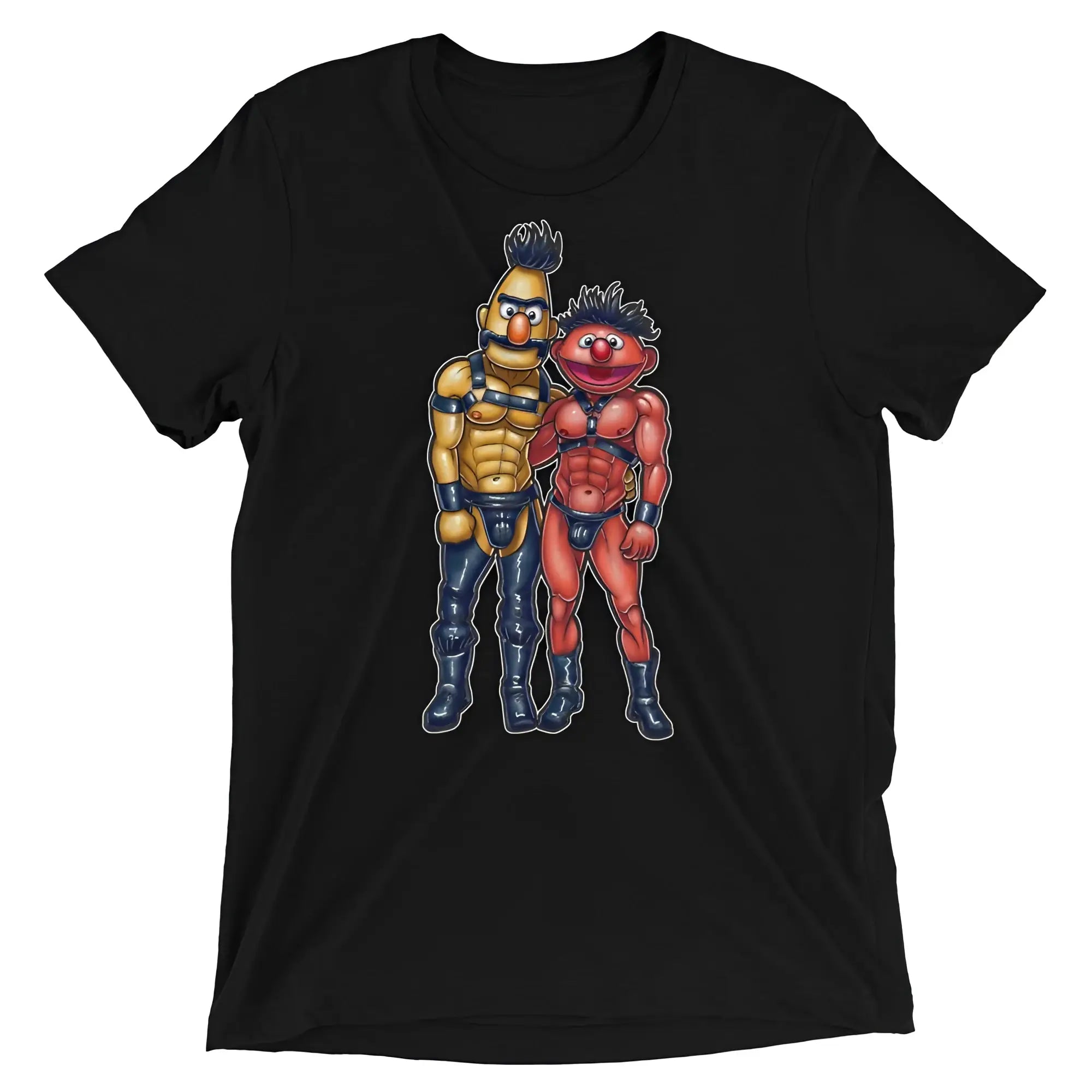 Black short-sleeved cotton t-shirt featuring colorful graphic of two muscular stylized muppet characters athletic poses bathtub buddies