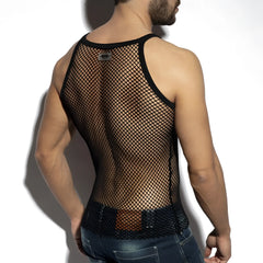 Beachy net strap tank top black mesh with reinforced trim and small metallic brand tag at the neckline