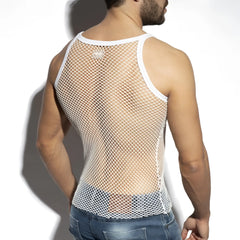White mesh beachy net strap tank top with white trim and small logo at the neckline