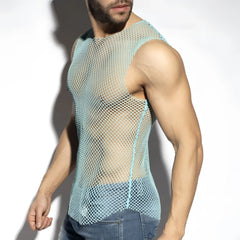 Light blue mesh beachy net tank top with fitted sleeveless design ideal for casual summer wear