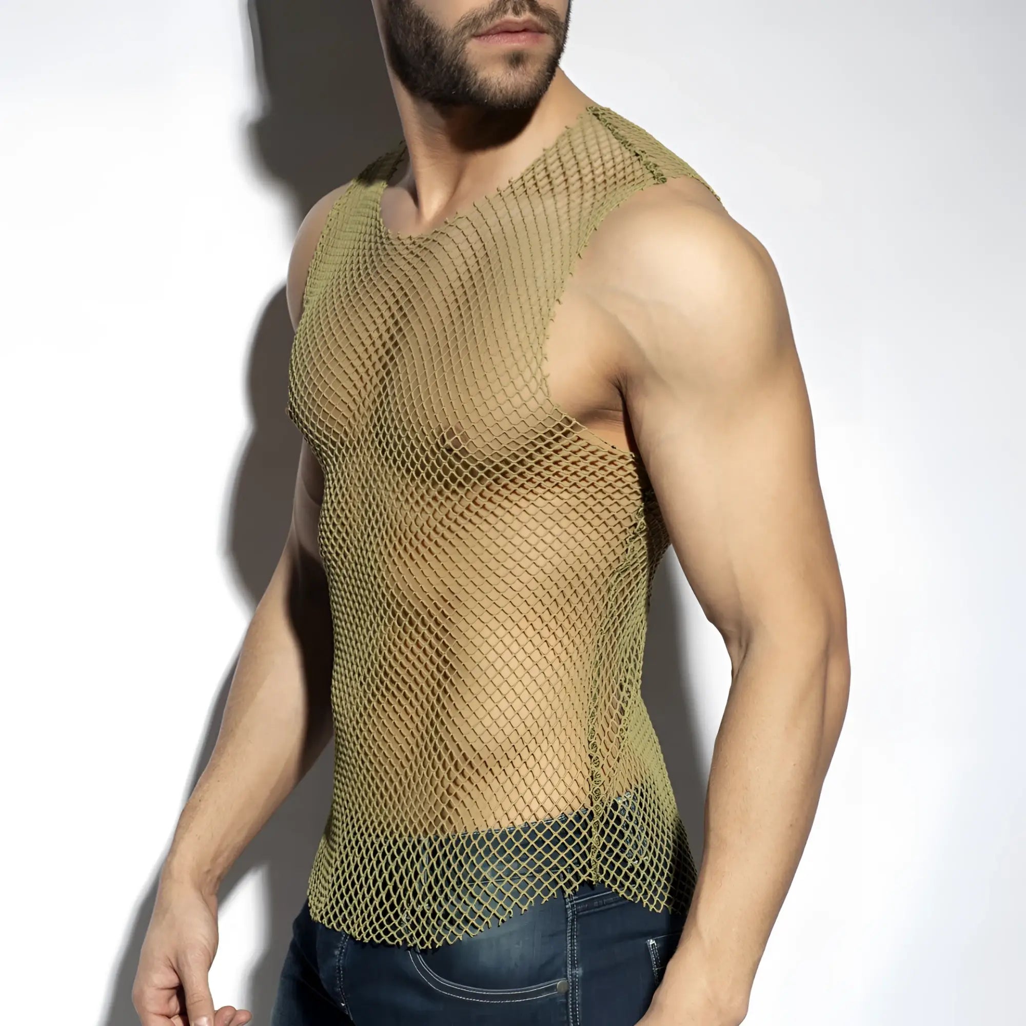 Olive green mesh tank top featuring breathable net fabric ideal for beachwear and casual summer outfits