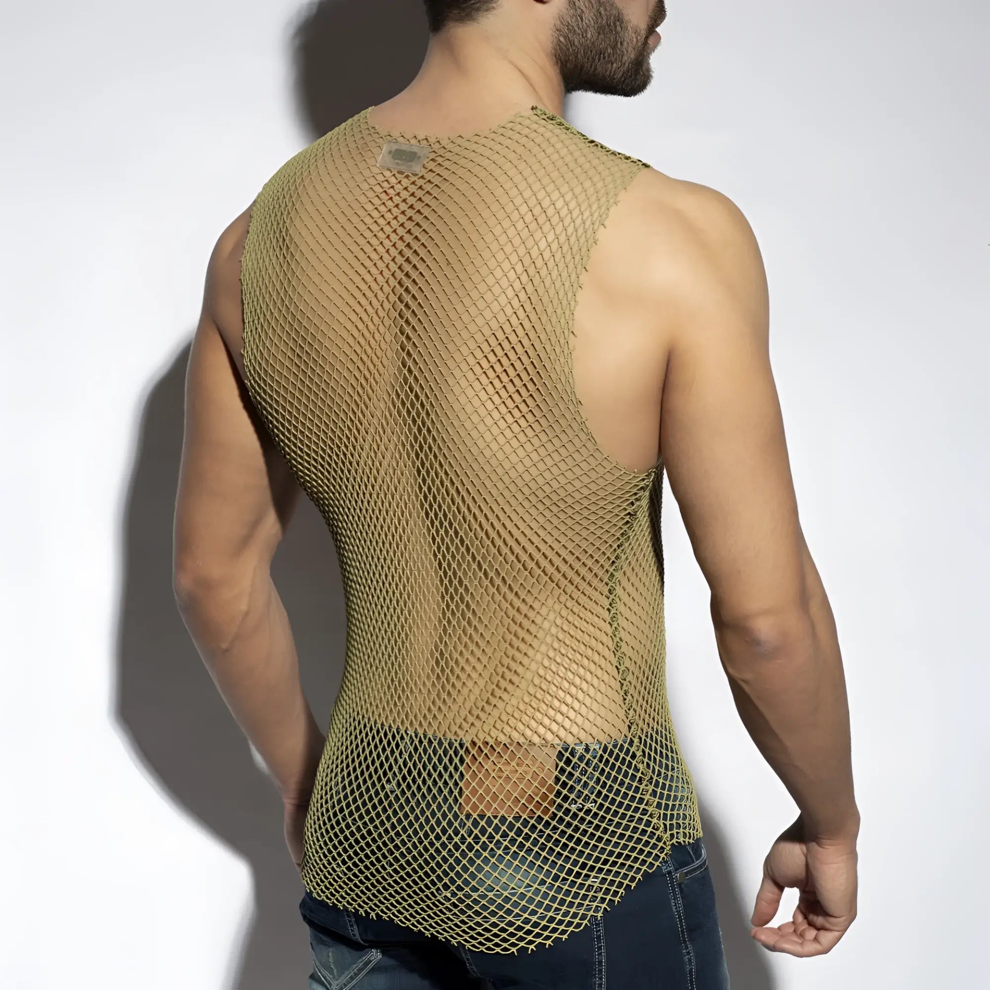 Beachy net tank top tan mesh fitted sleeveless design with a slightly curved hemline