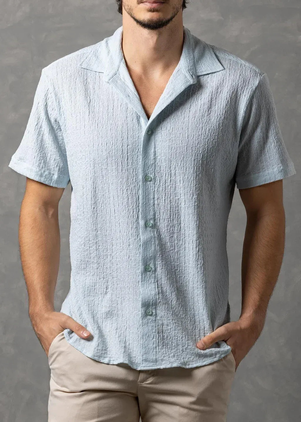 Bespoke Moda Herren Matera Hemd mit Knitterstruktur, Kurzarm – Türkis