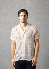 Bespoke Moda Herren Kurzarmhemd mit floralem Grobstrick - Weiß