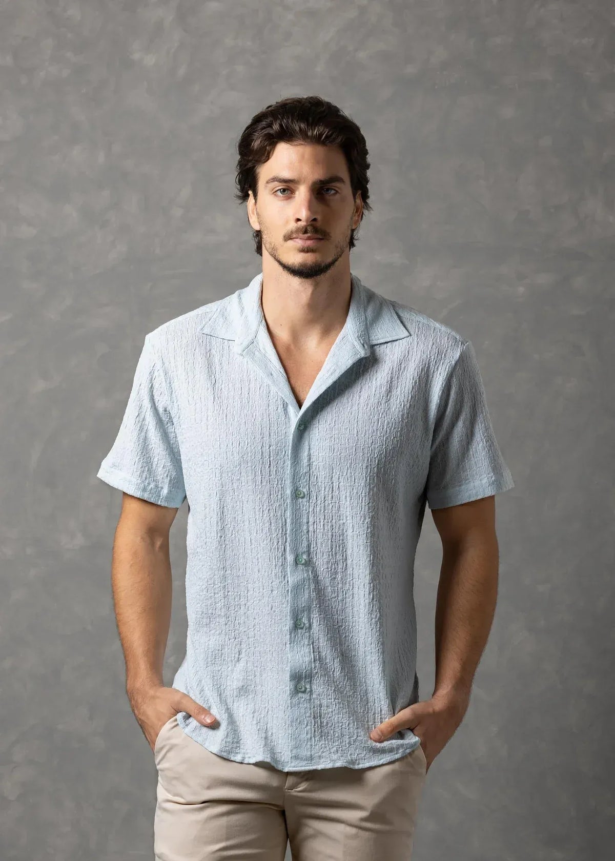 Bespoke Moda Herren Matera Hemd mit Knitterstruktur, Kurzarm – Türkis