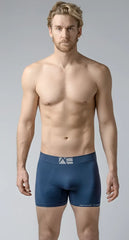 Navy blue Best Trunks boxer briefs with white logo waistband and brand name printed along the leg seam
