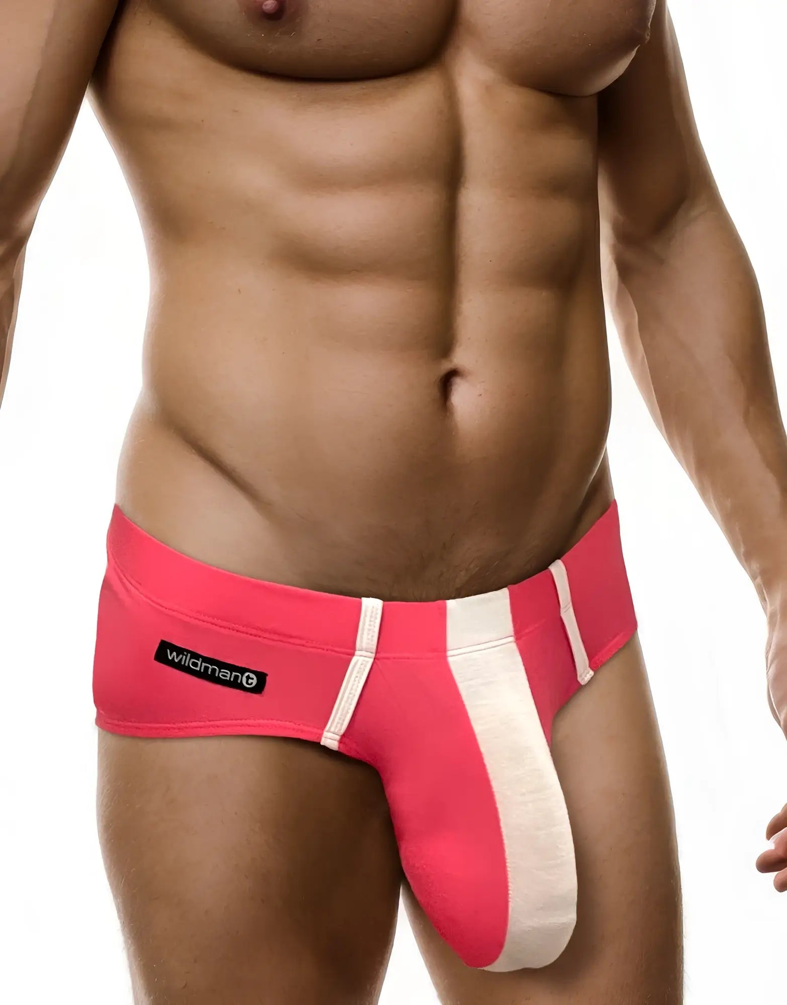 Bright pink and white striped big boy pouch modal briefs for men with wildman brand label