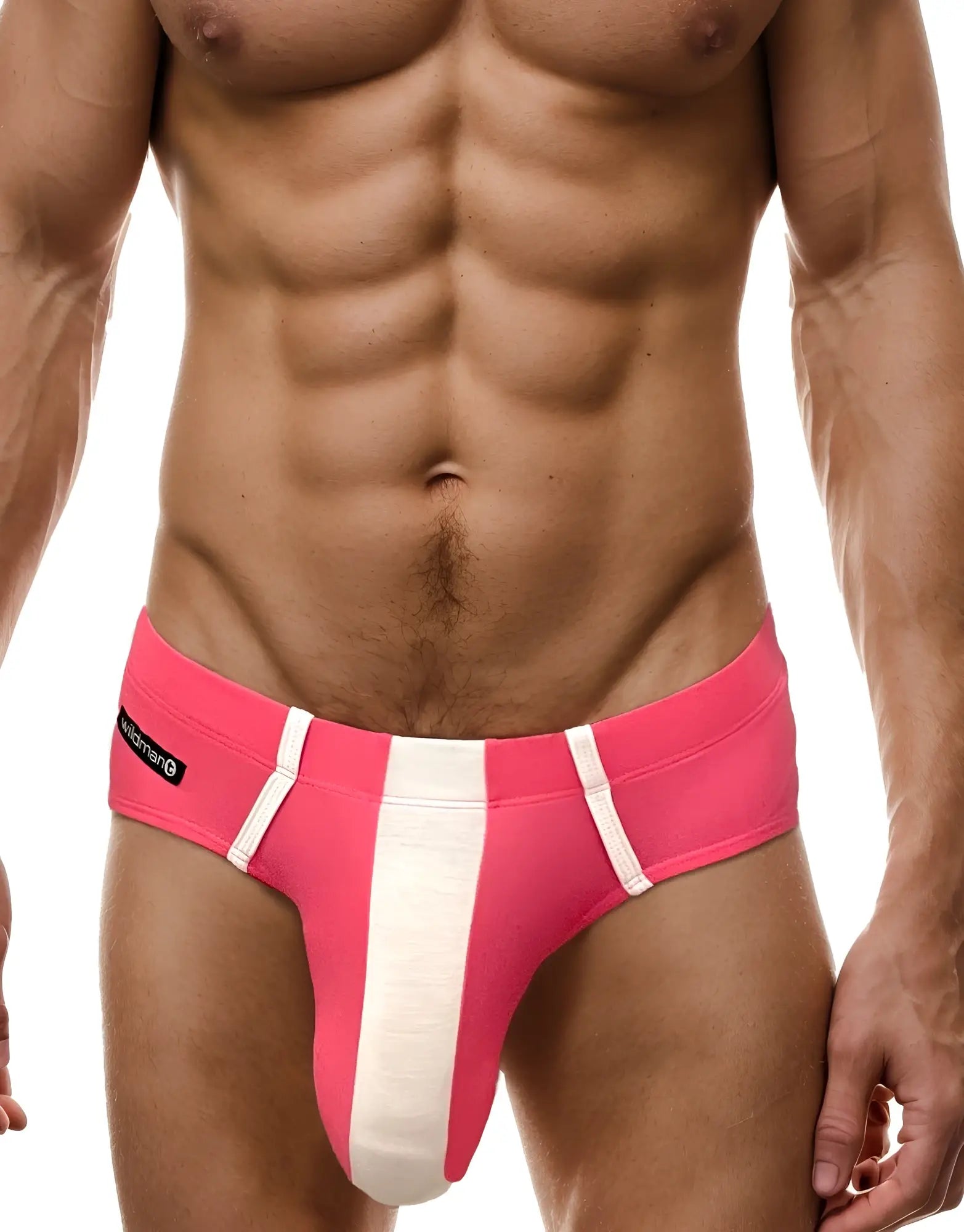 Big boy pouch modal briefs pink and white bright striped mens briefs with bold athletic design front view
