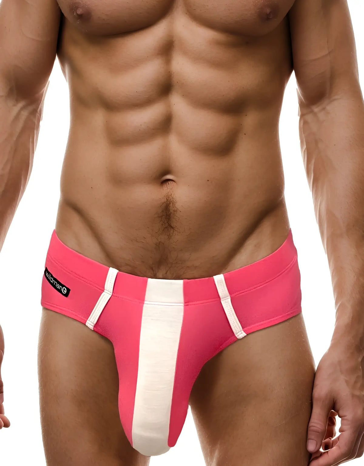 Big boy pouch modal briefs pink and white bright striped mens briefs with bold athletic design front view