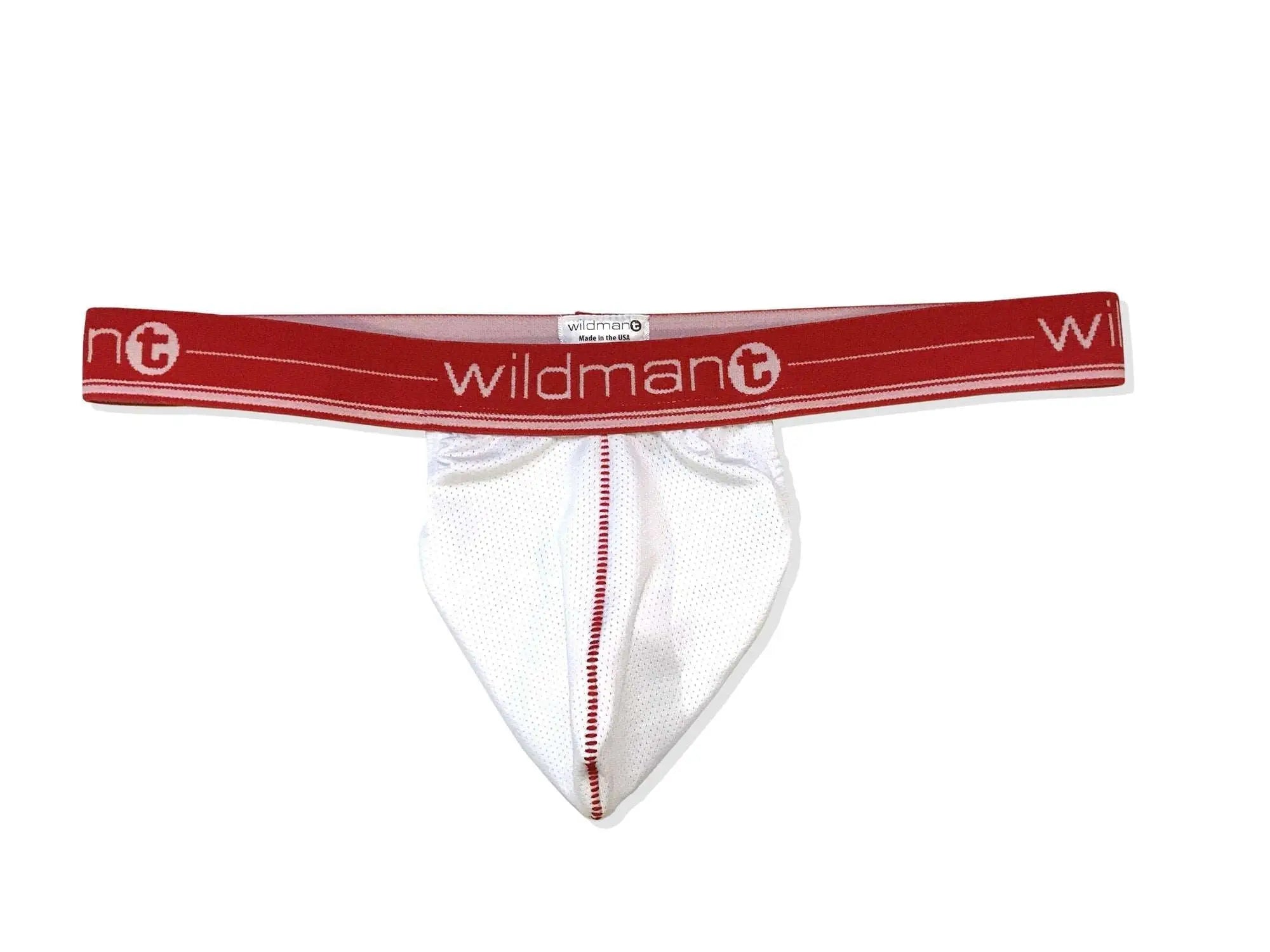 Big boy strapless pouch white mesh brief with red elastic waistband and wildman branding front view