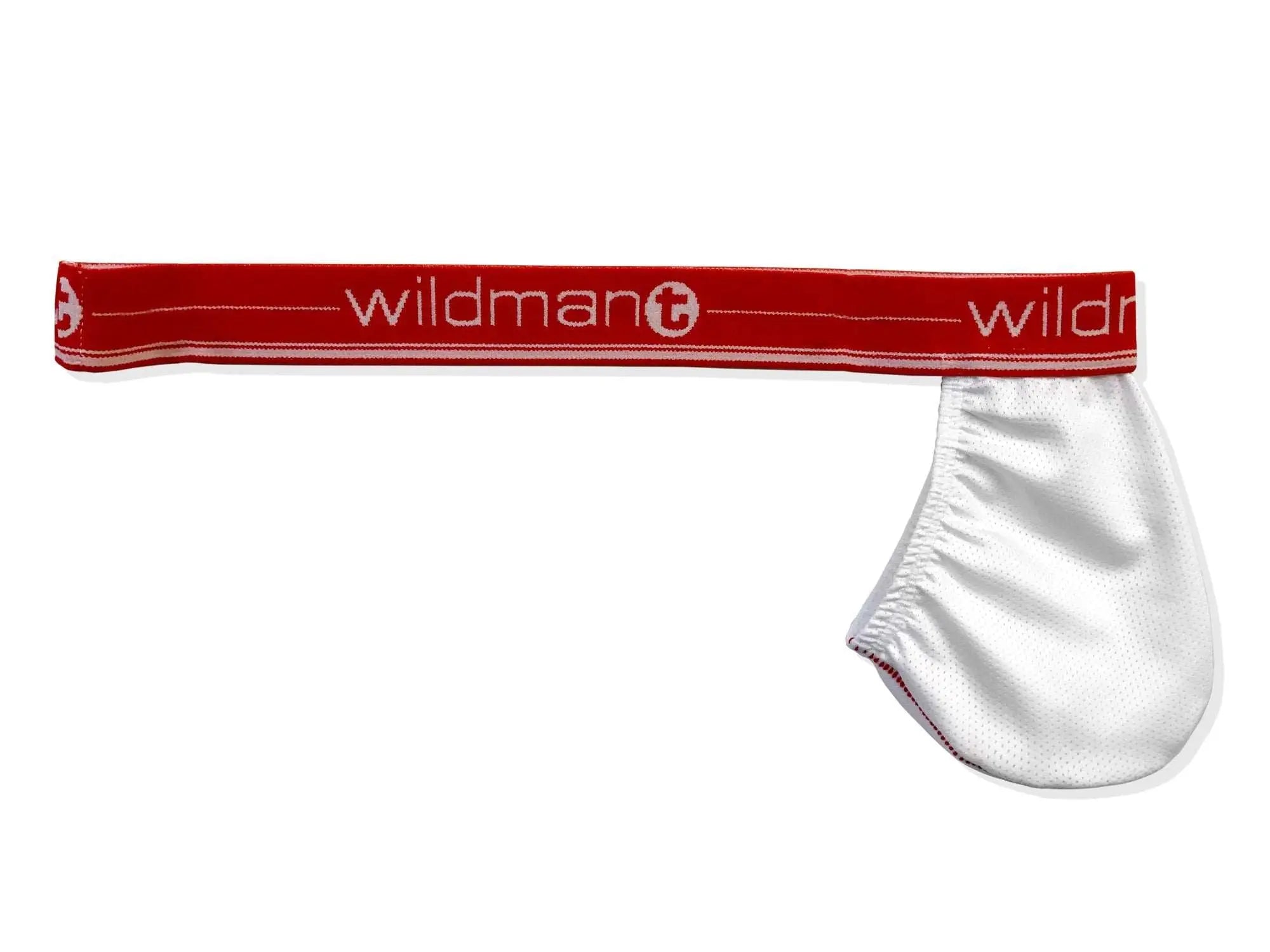 White satin brief with red elastic wildman waistband featured in big boy strapless pouch white mesh with red band