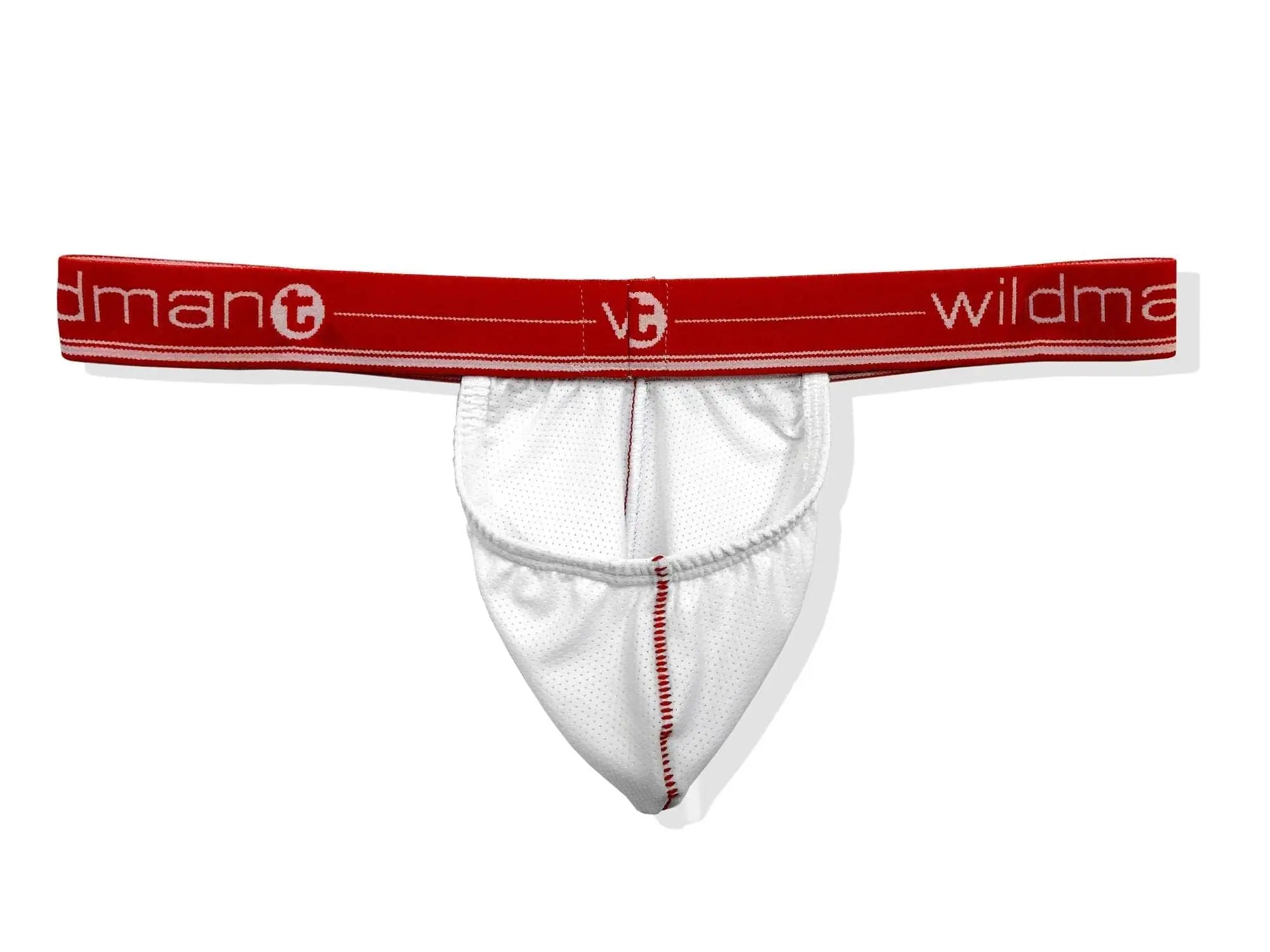 White mesh thong with red elastic waistband featuring wildman logo in big boy strapless pouch design