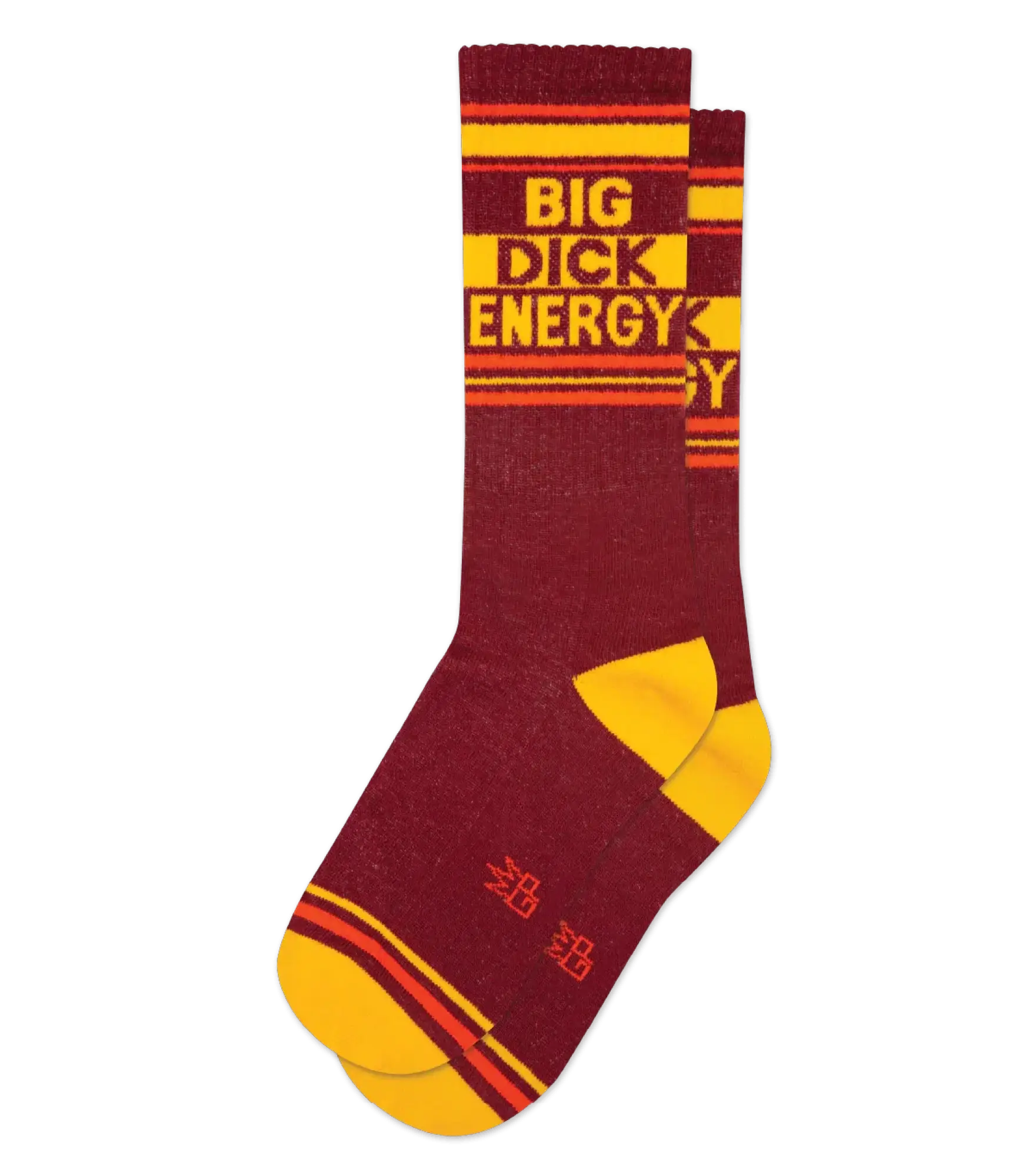 Maroon and yellow big dick energy crew socks with orange stripes designed for bold casual wear