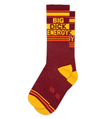 Maroon and yellow big dick energy crew socks with orange stripes designed for bold casual wear